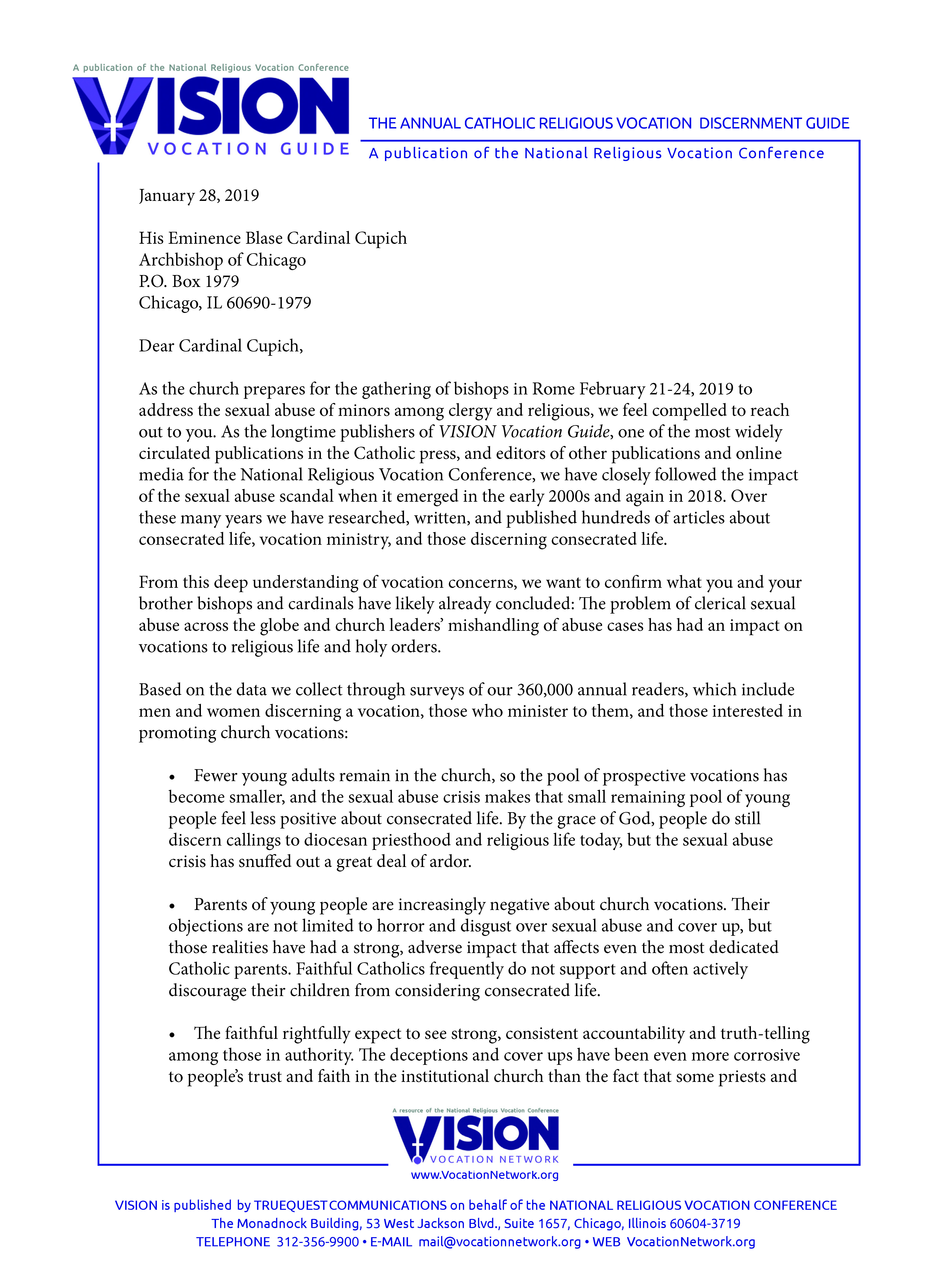 2019 1-28-19 Letter to Cardinal Cupich VISION editors on the clergy sex abuse scandal