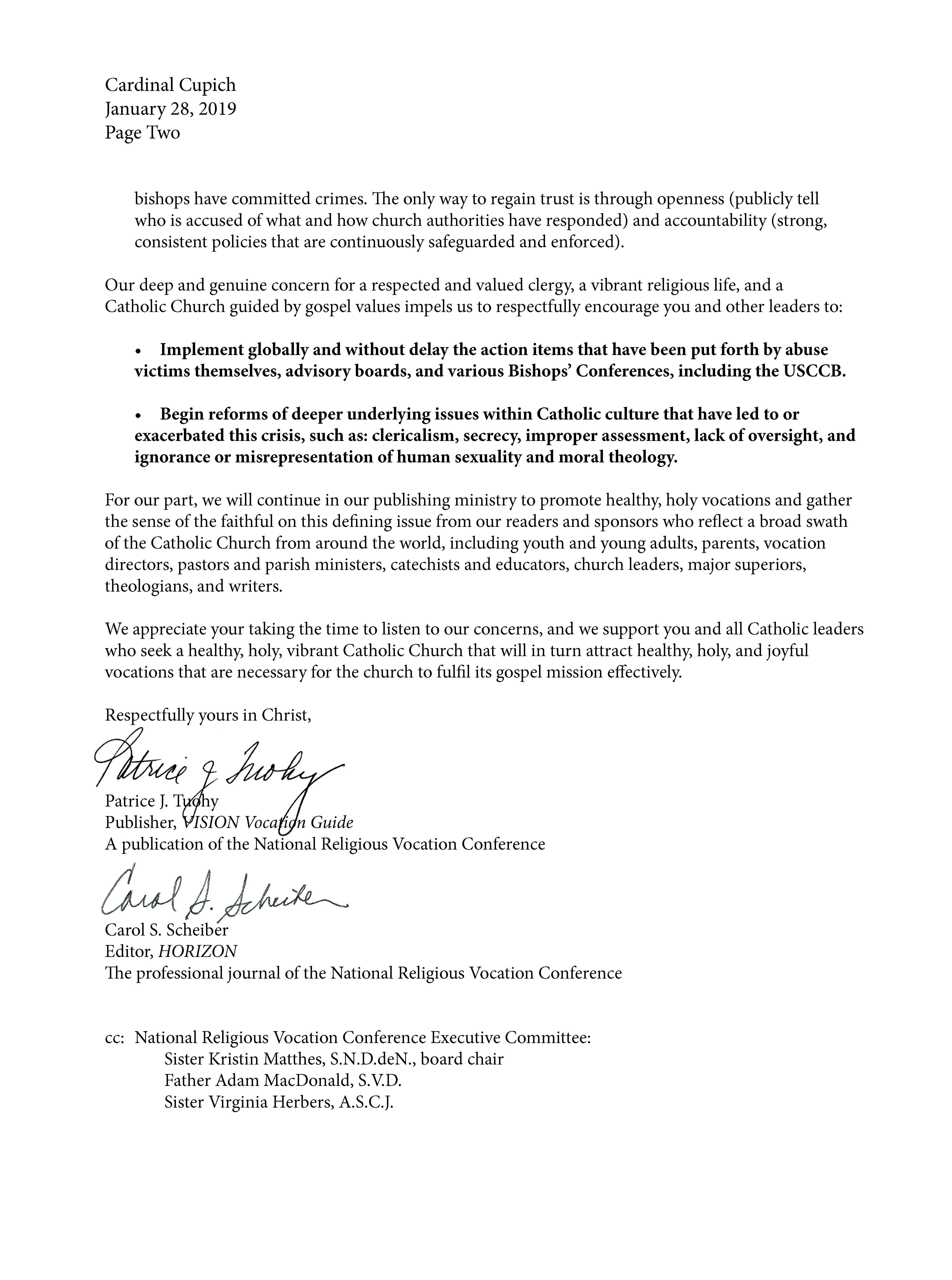 VISION 1-28-19 letter to Cardinal Cupich VISION editors on the clergy sex abuse scandal