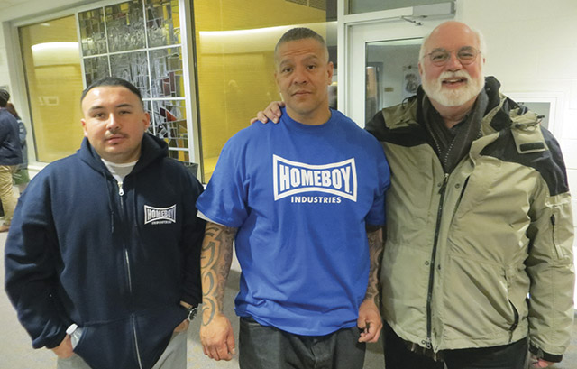Vision 2018 Scheiber 4 Tendering God on tough streets Jesuit priest Greg Boyle poses with Nicholas Lopez (left) and Luis Colocio of Homeboy Industries.