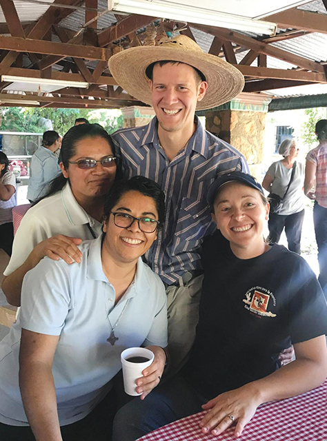 Vision 2024 Feister 2 Mercy meets at the border Jesuit scholastic Jaret Ornelas, S.J. (clockwise from top), Sister Tracey Horan, S.P., Sister Josefina “Pina” Bejarano Padilla, M.E., and Sister Anastacia “Tachita” Monjarez, M.E. are all are staff members of Kino Border Initiative.